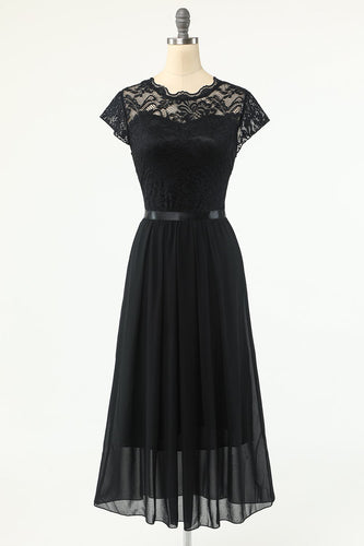 klassisk en linje svart fest kjole med blonder