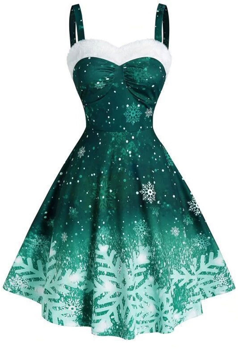Load image into Gallery viewer, grønn jul snøfnugg print vintage kjole