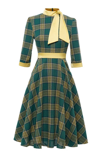grønn plaid vintage 1950-tallet kjole med bowknot