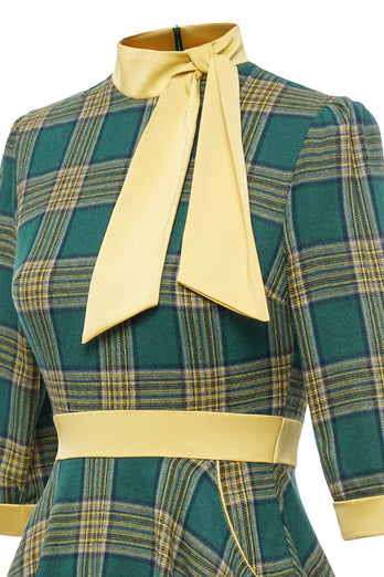 grønn plaid vintage 1950-tallet kjole med bowknot