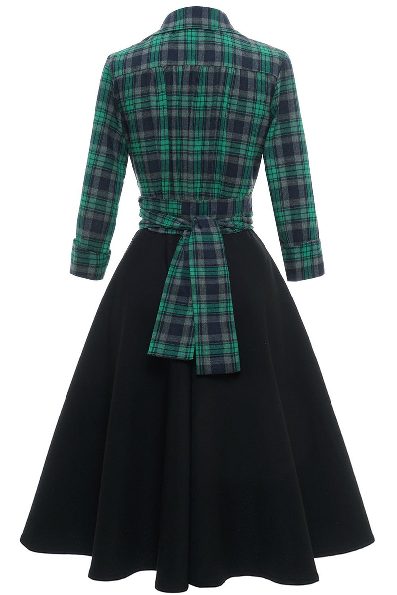 Load image into Gallery viewer, grønn plaid vintage kjole med lange ermer