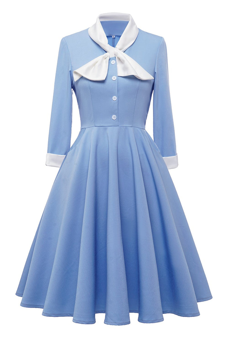 Load image into Gallery viewer, blå knapp vintage 1950-tallet kjole med bowknot