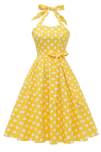 gul polka prikker pin opp vintage kjole