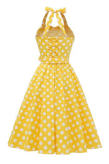 gul polka prikker pin opp vintage kjole