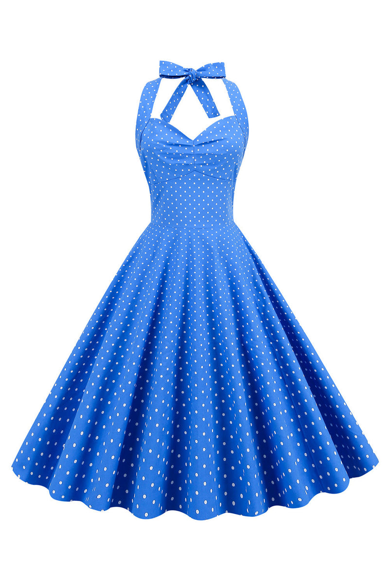 Load image into Gallery viewer, halter nakke blå polka prikker vintage kjole med ryggløs