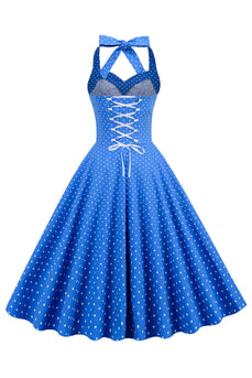 halter nakke blå polka prikker vintage kjole med ryggløs