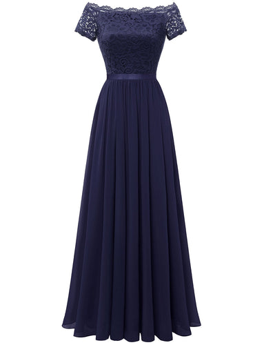 marineblå lang blonder formell kjole
