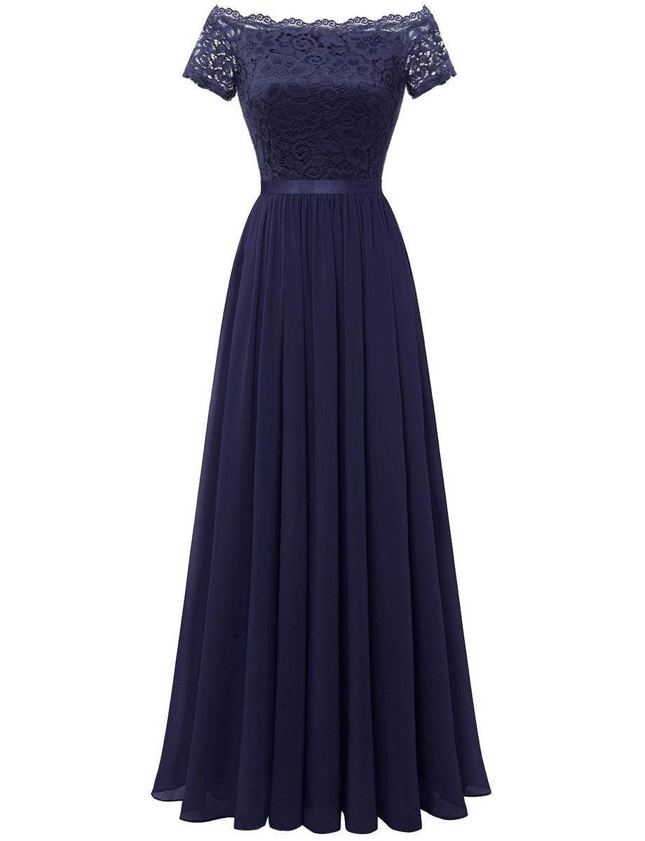 Load image into Gallery viewer, marineblå lang blonder formell kjole