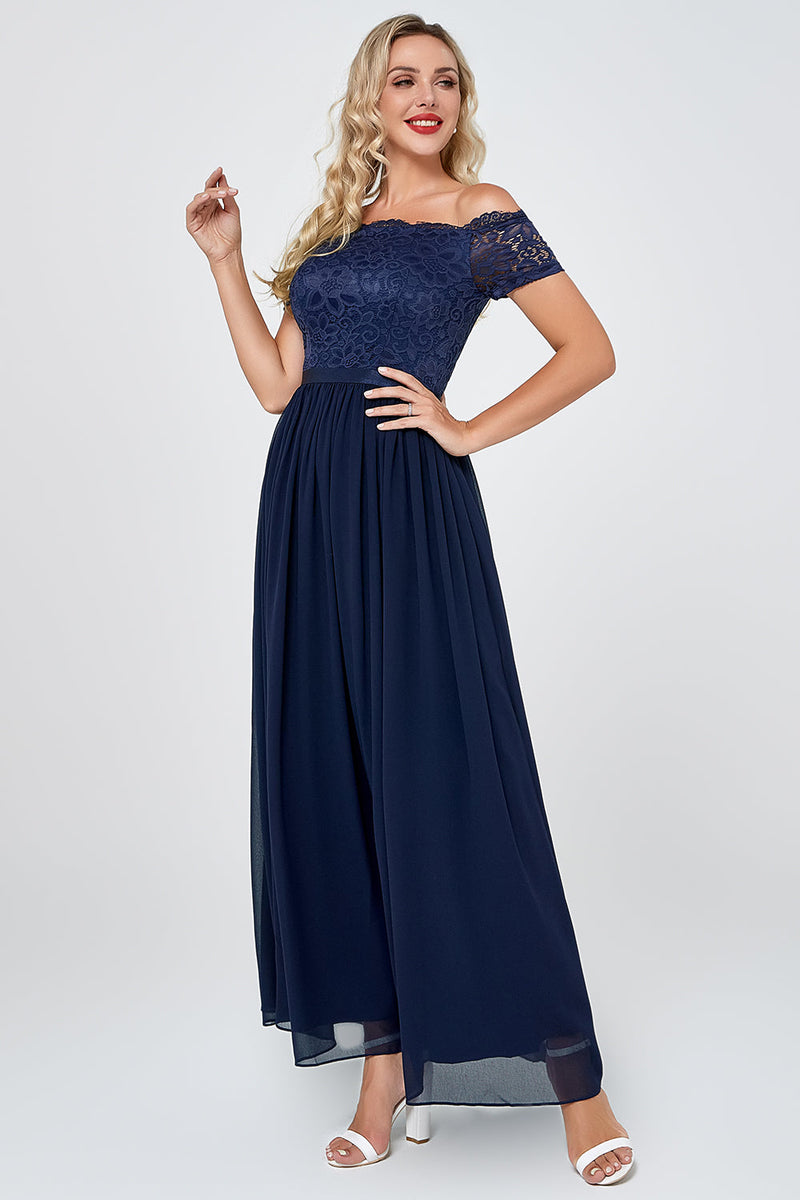 Load image into Gallery viewer, Navy Off the Shoulder Long Chiffon brudepike Formell kjole med blonder