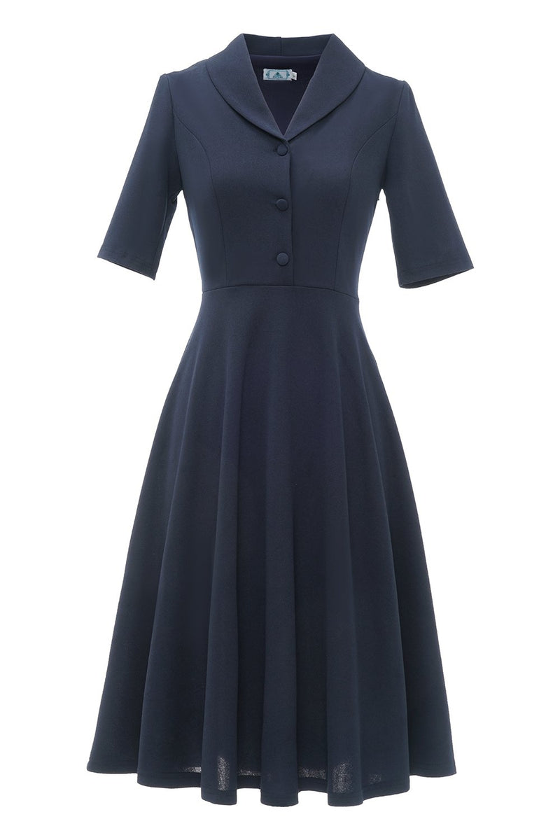 Load image into Gallery viewer, marineblå korte ermer knapp vintage kjole
