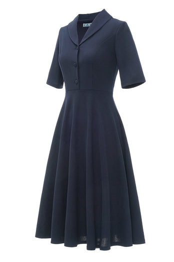 marineblå korte ermer knapp vintage kjole