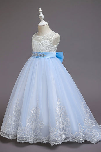 blå A-linje blomst jente kjole med buer