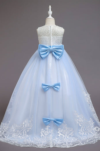 blå A-linje blomst jente kjole med buer