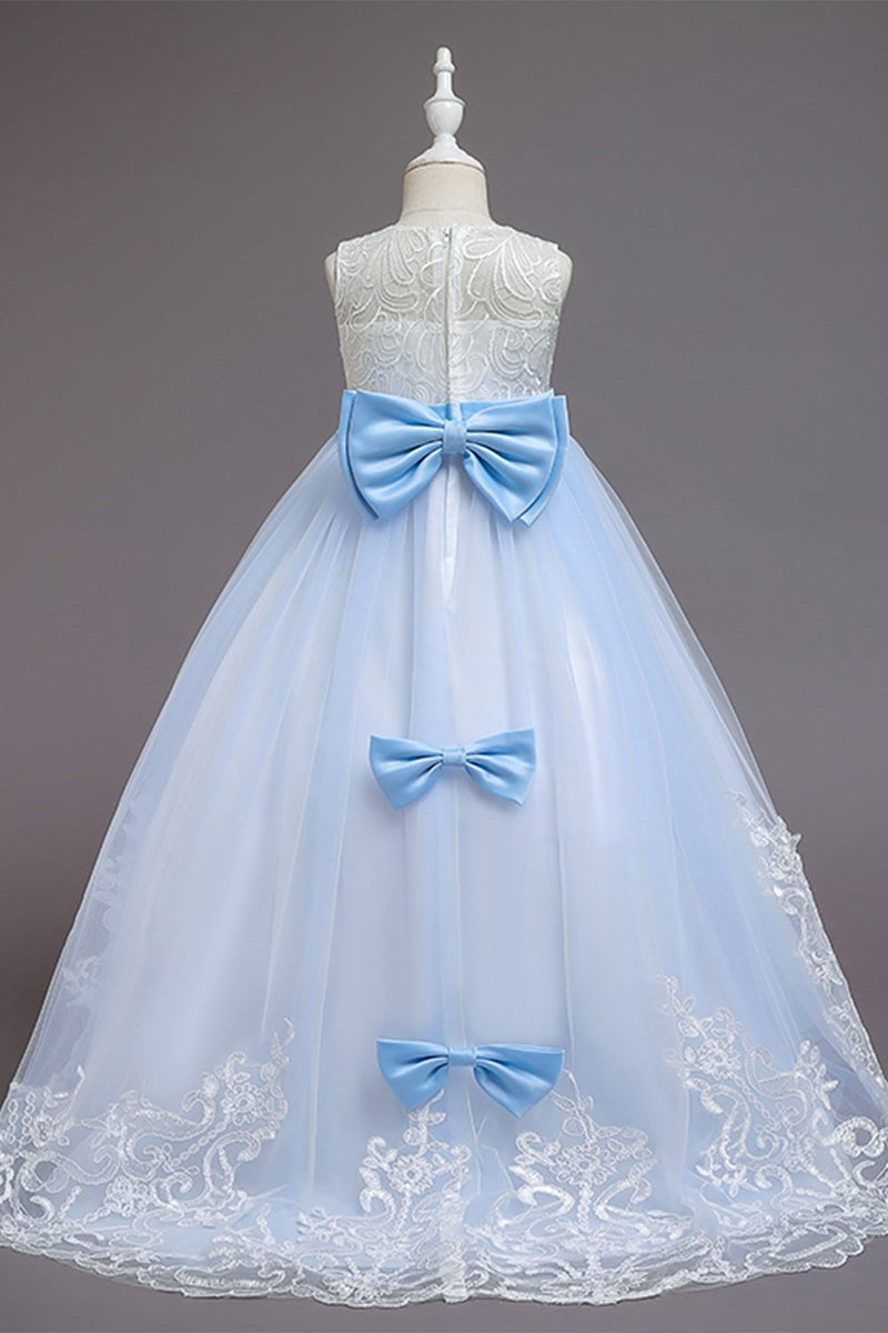 Load image into Gallery viewer, blå A-linje blomst jente kjole med buer