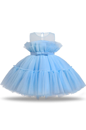 Blå A-line Tyllblomst Girl kjole med sløyfe