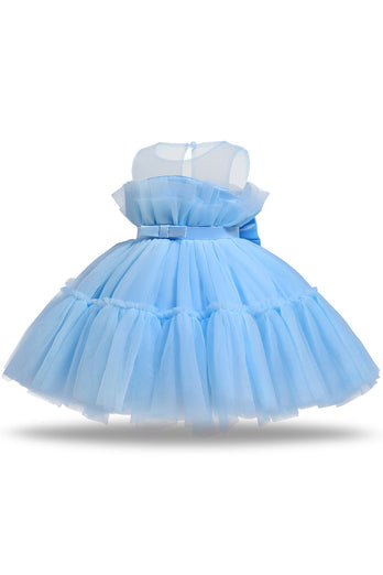 Blå A-line Tyllblomst Girl kjole med sløyfe