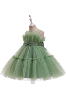 Grønn rund hals tyll blomst jente kjole med sløyfe