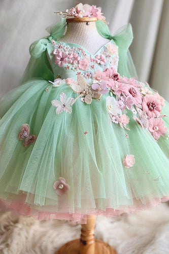 Grønn V Neck Tylle Flower Girl kjole med 3D Flower
