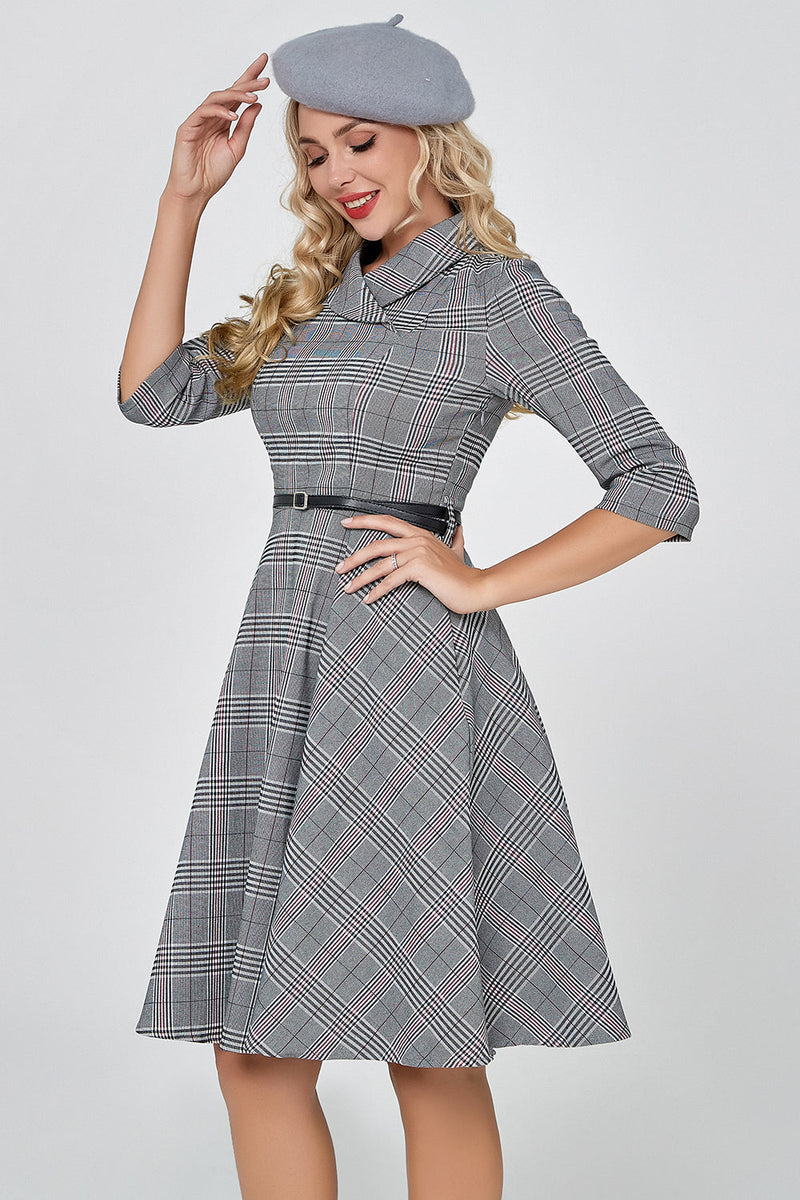 Load image into Gallery viewer, Dark Grey Vintage Plaid 1950-tallet Swing Party Dress med ermer