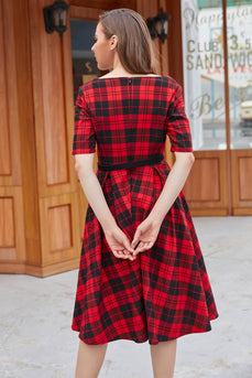 rød rutete firkantet hals 1950-tallet kjole