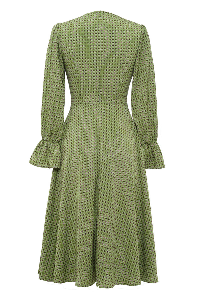 Load image into Gallery viewer, grønn trykt lange ermer casual kjole