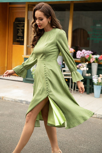 grønn trykt lange ermer casual kjole
