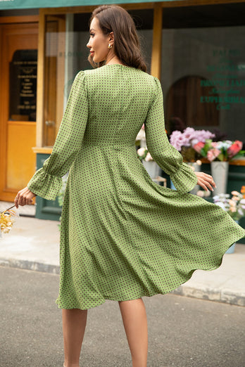 grønn trykt lange ermer casual kjole