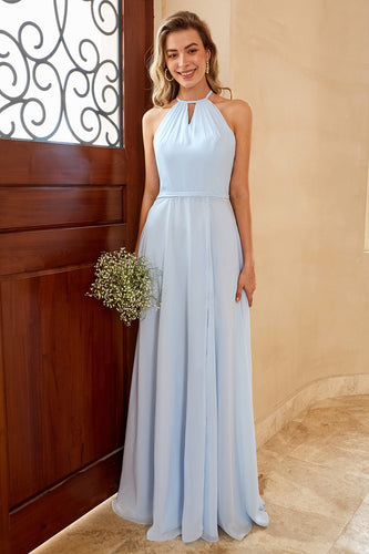 himmelblå lang chiffon brudepike kjole med spalte