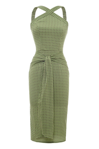 grønn trykt vintage wiggle kjole