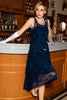 Load image into Gallery viewer, høy lav rund hals marineblå blonder kjole