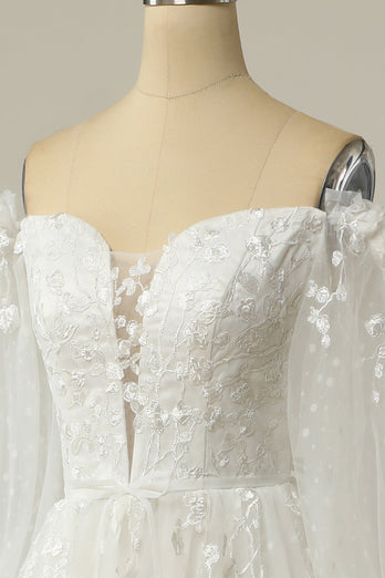 luksuriøs en linje av skulderen hvit brudekjole med appliques