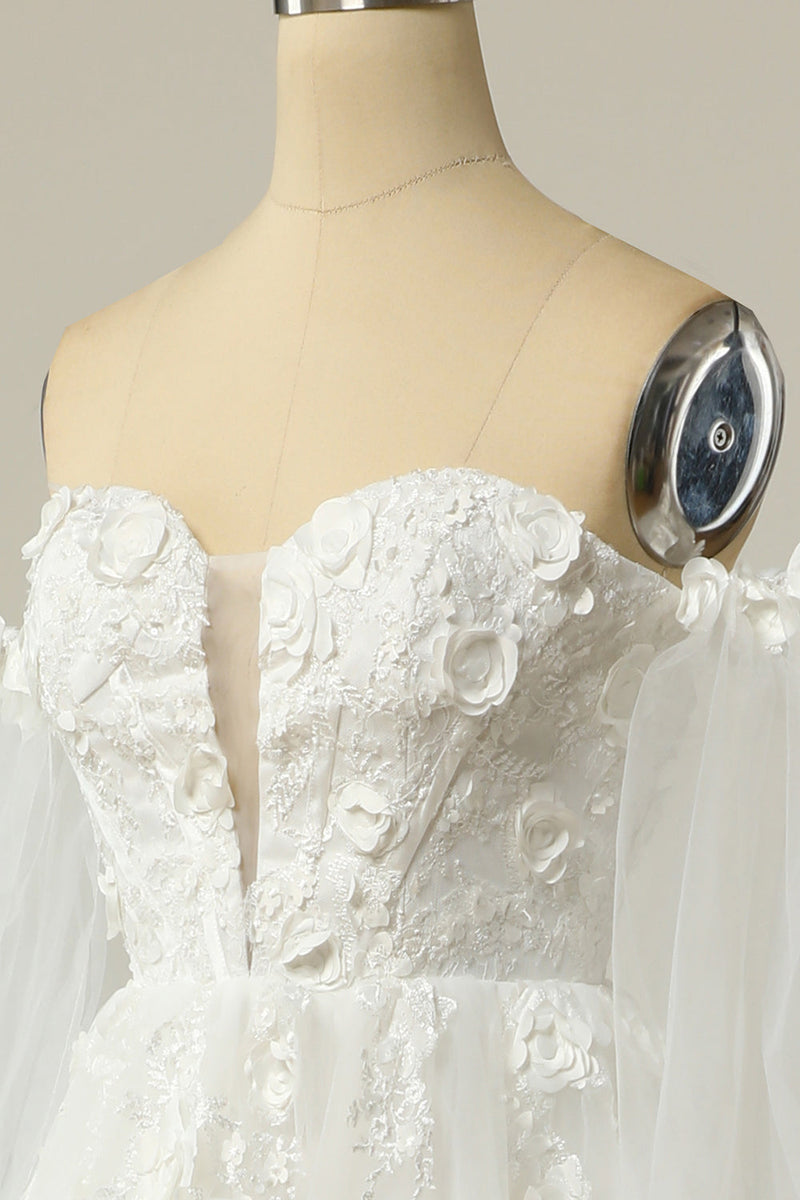 Load image into Gallery viewer, en linje av skulderen elfenben brudekjole med lange ermer