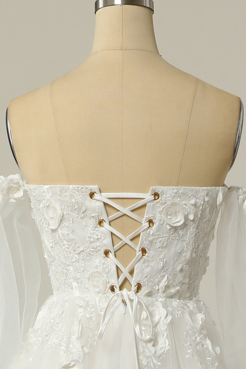 Load image into Gallery viewer, en linje av skulderen elfenben brudekjole med lange ermer
