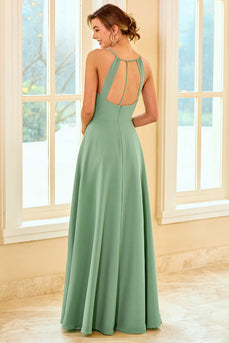 lys grønn lang brudepike kjole med spalte