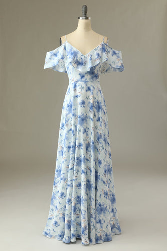 en linje av skulderen blå floral print lang brudepike kjole