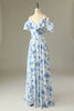 Load image into Gallery viewer, en linje av skulderen blå floral print lang brudepike kjole