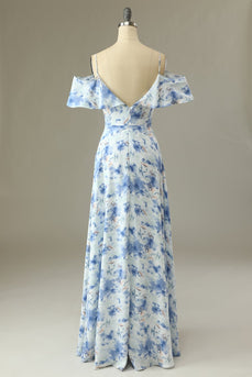 en linje av skulderen blå floral print lang brudepike kjole