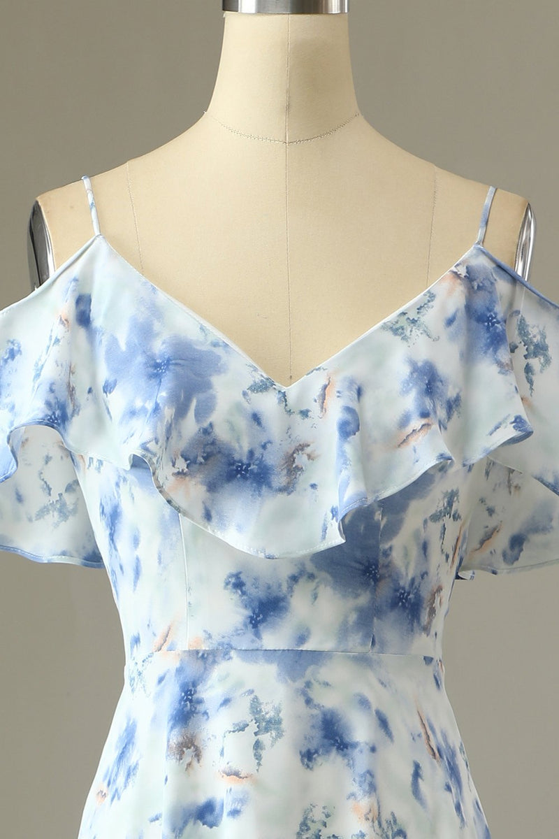 Load image into Gallery viewer, en linje av skulderen blå floral print lang brudepike kjole