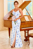 Load image into Gallery viewer, skjede spaghetti stropper blå floral print lang brudepike kjole med splittet front