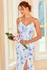 Load image into Gallery viewer, skjede spaghetti stropper blå floral print lang brudepike kjole med splittet front