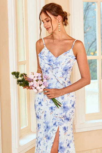 skjede spaghetti stropper blå floral print lang brudepike kjole med splittet front