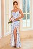 Load image into Gallery viewer, skjede spaghetti stropper blå floral print lang brudepike kjole med splittet front