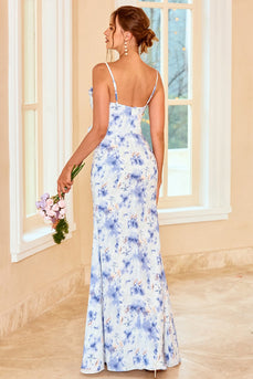 skjede spaghetti stropper blå floral print lang brudepike kjole med splittet front