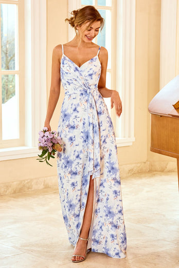 spaghetti stropper blå floral print brudepike kjole