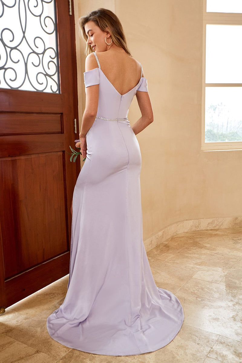 Load image into Gallery viewer, kappe av skulderen lilla lang brudepike kjole med splittet front
