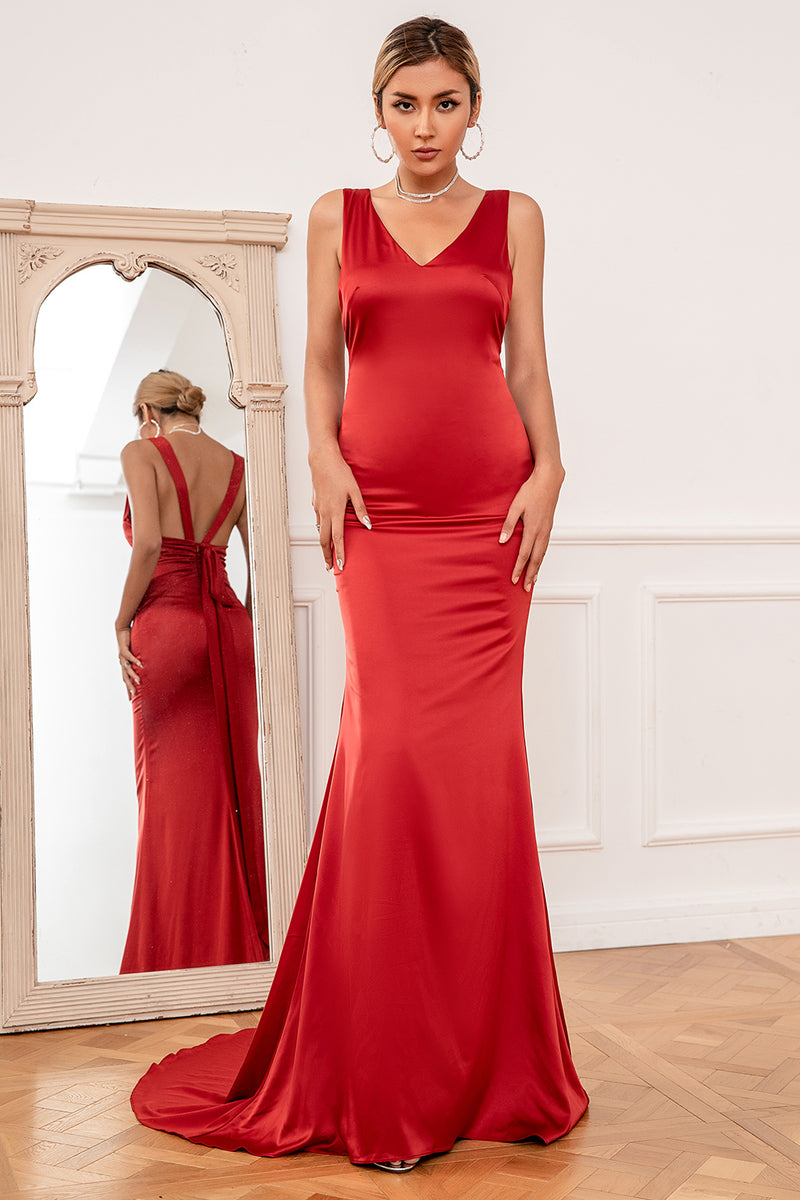 Load image into Gallery viewer, havfrue V nakke rust rød lang brudepike kjole