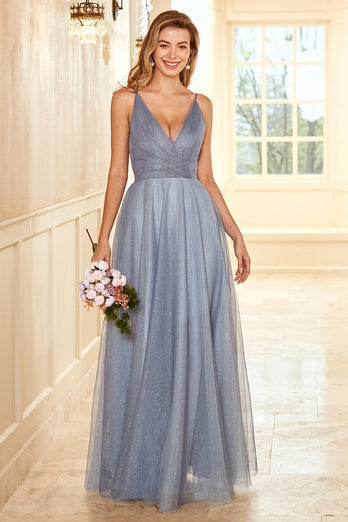 en linje spaghetti stropper grå blå lang brudepike kjole