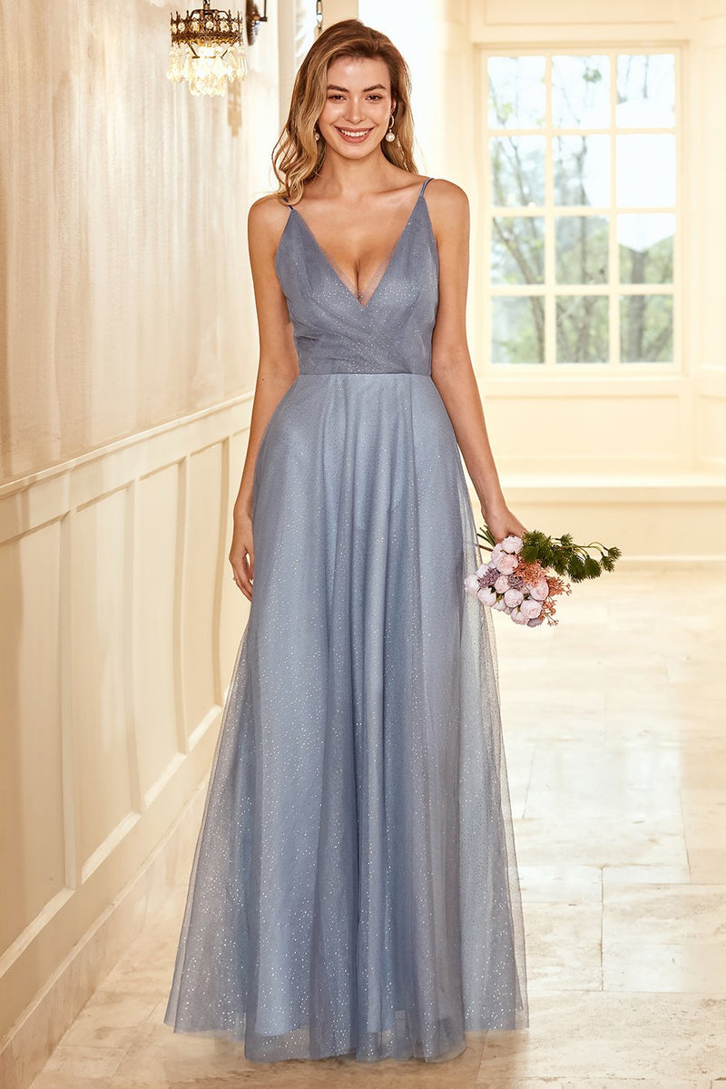 Load image into Gallery viewer, en linje spaghetti stropper grå blå lang brudepike kjole