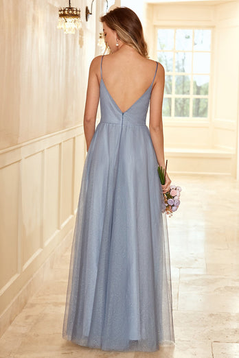 en linje spaghetti stropper grå blå lang brudepike kjole