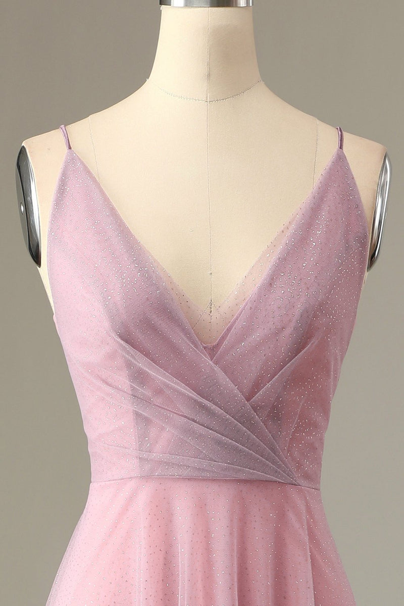 Load image into Gallery viewer, en linje spaghetti stropper grå rosa brudepike kjole